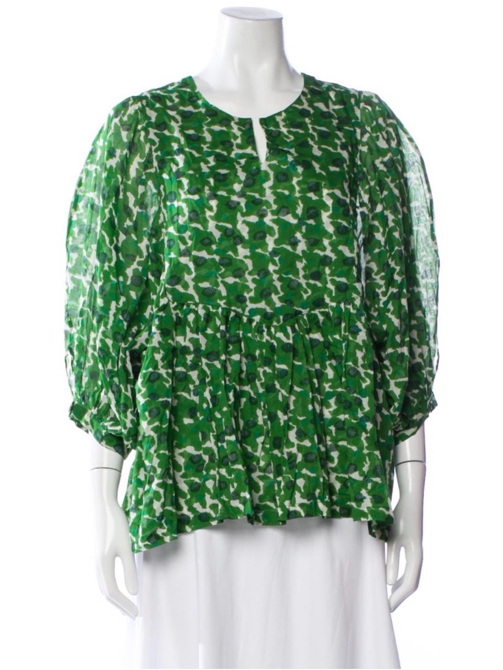 Samantha Sung Green White Abstract Floral Babydoll Peplum Top Size 8